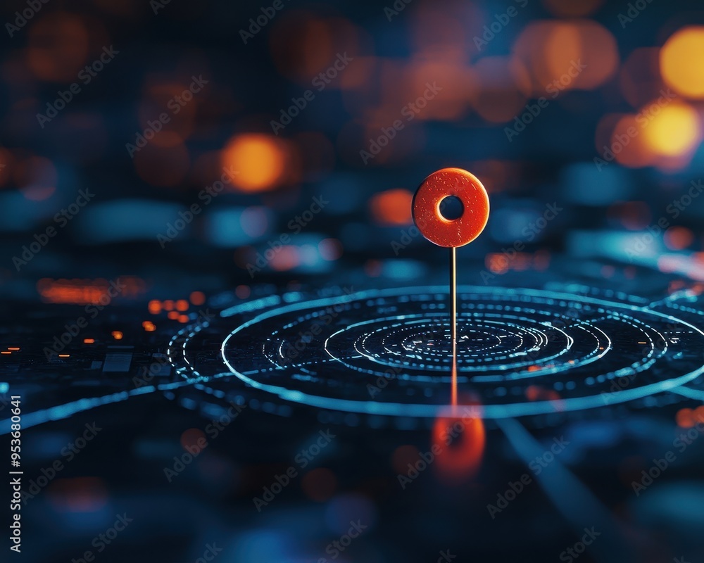 Poster a striking digital map with a prominent pin, symbolizing location and navigation in a tech-driven wo