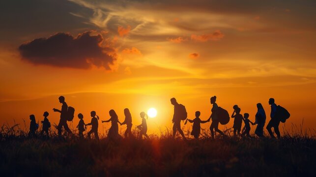International Migrants Day. Silhouettes of walking migrants with bags and backpacks at sunset. Horizontal banner. Copy space. Problems of wars and poverty. Immigration concept