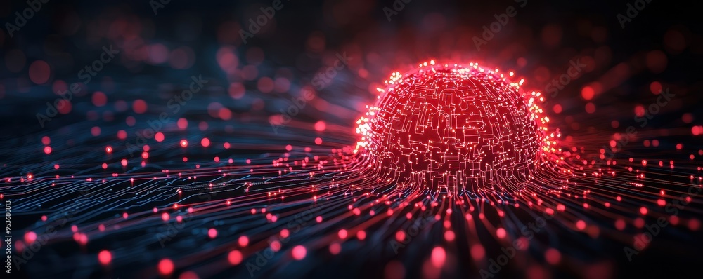 Poster a vibrant abstract representation of interconnected particles glowing in red against a dark backgrou