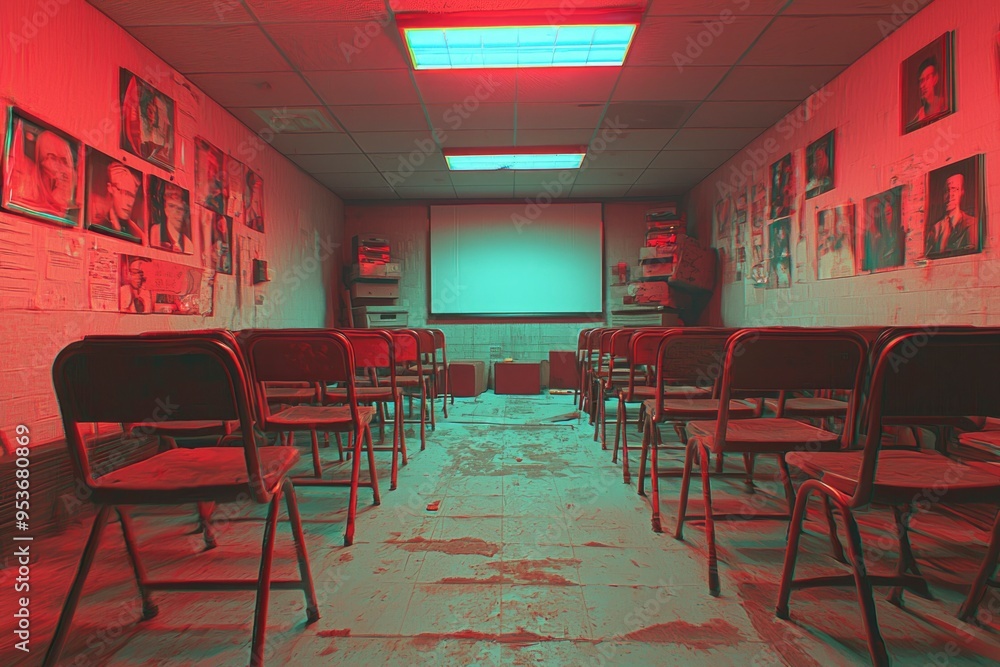 Poster an empty room with red chairs and a projection screen