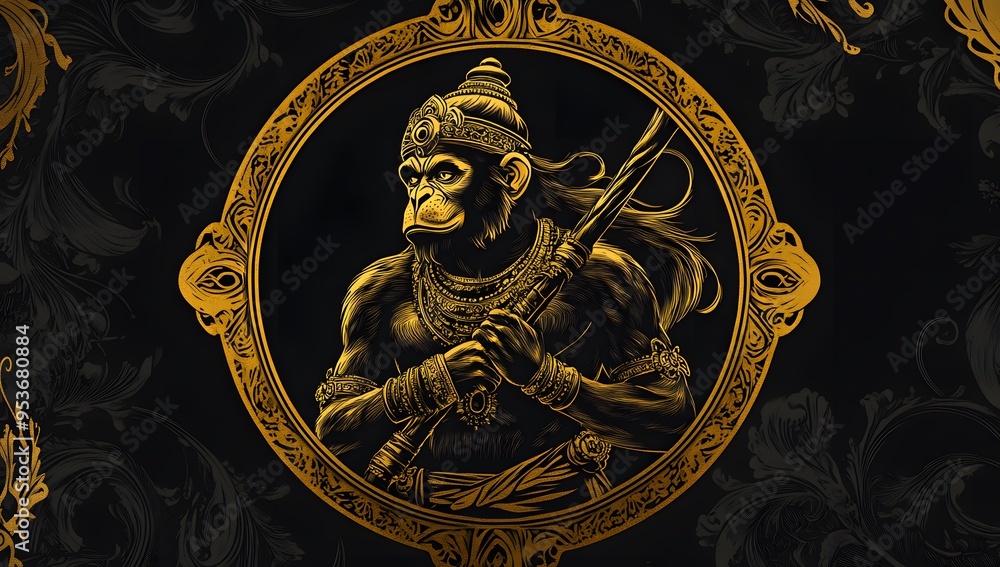 Wall mural A golden illustration of Hanuman, a Hindu deity, holding a weapon with an ornate gold frame against a black background with ornate gold floral designs.