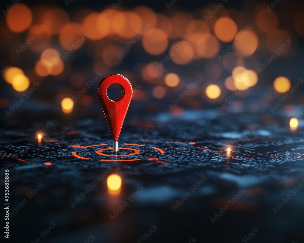 Poster a vibrant red location pin stands on a dark map, surrounded by glowing orbs, symbolizing navigation 