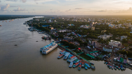 Aerial View of Barishal Launch Ghat. Barishal Cityscape. Skyline of Barishal City, Bangladesh