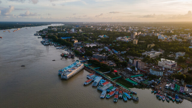 Aerial View of Barishal Launch Ghat. Barishal Cityscape. Skyline of Barishal City, Bangladesh
