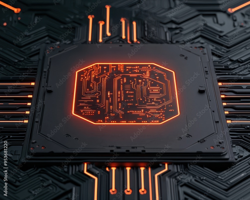 Poster close-up of a futuristic circuit board with glowing orange patterns, showcasing advanced technology 