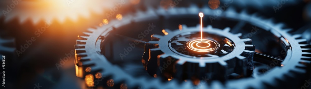 Poster close-up of intricate mechanical gears with glowing highlights, showcasing precision engineering and