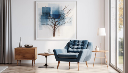 Modern Living Room Interior with Blue Armchair and Abstract Painting