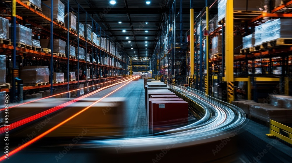 Poster automated conveyor system in motion inside a warehouse