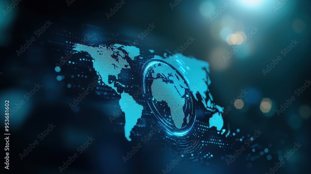 Poster futuristic digital world map with glowing ocean elements, representing global connectivity and techn