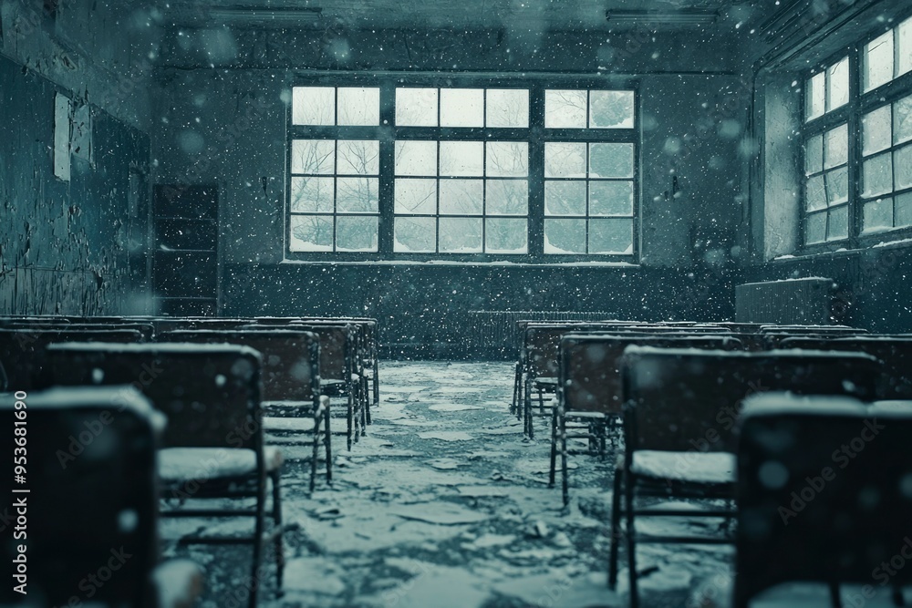 Poster snow falling on empty chairs in a room with a window