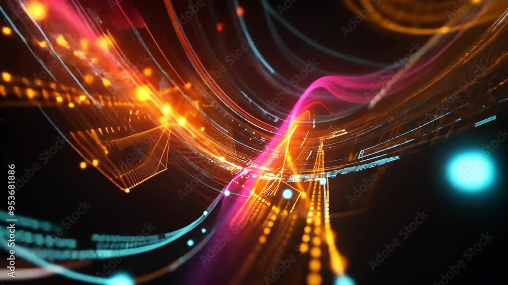Poster dynamic abstract light patterns in a digital environment showcasing vibrant colors and intricate des