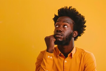 afro man thinking on yellow background with space for text