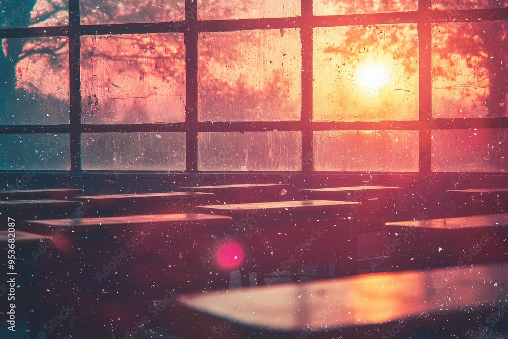 Poster sunset through a dusty window in a classroom