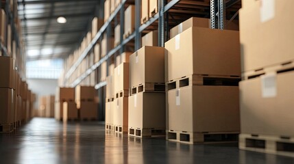Warehouse scene with cardboard boxes neatly stacked on pallets, ready for shipment. Focus on package handling and freight transportation.