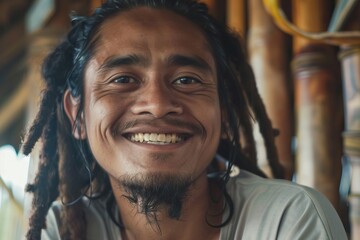 Obraz premium Close up of smiling indonesian guy man with dreadlocks with wooden in the background.