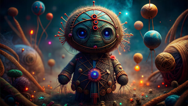 Colorful voodoo doll surrounded by magical orbs and threads in a mystical, enchanting atmosphere