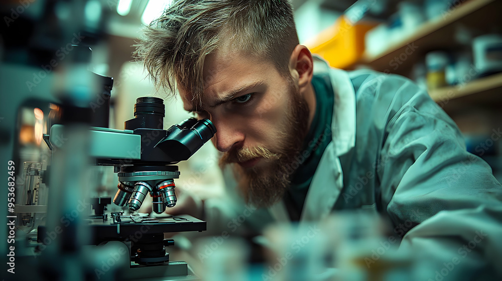 Poster a scientist examines a sample under a microscope in a laboratory setting.