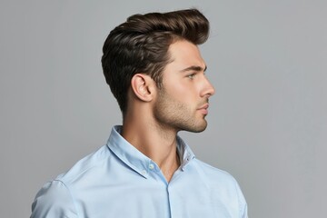 Obraz premium Portrait of handsome man in blue shirt on grey background.