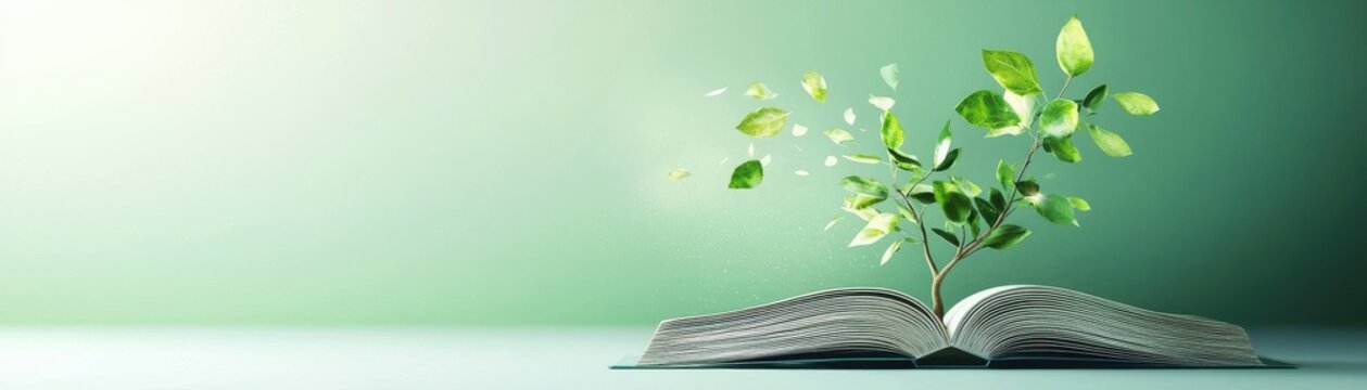 An open book with a green plant growing from its pages, symbolizing knowledge and growth in a serene setting.