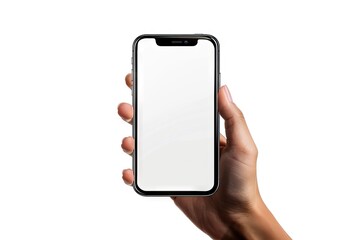 Hand holding mobile smart phone with blank screen  isolated on white