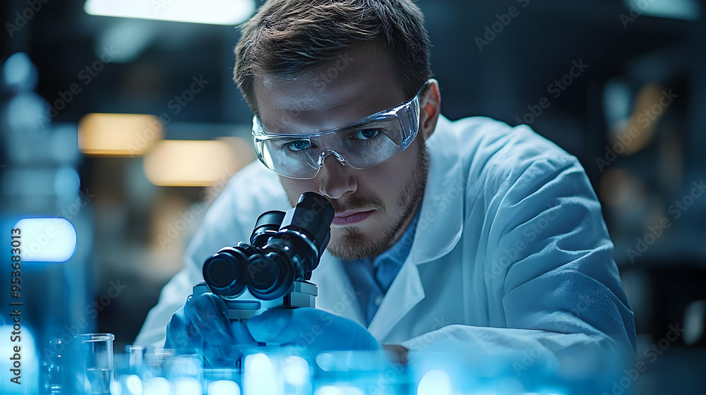Poster a scientist in a lab coat examines a sample under a microscope.