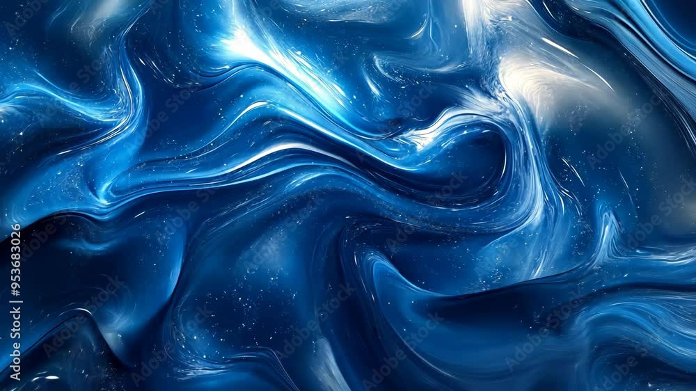 Poster explore vibrant blue waves of liquid patterns in an abstract visual display created to inspire tranq