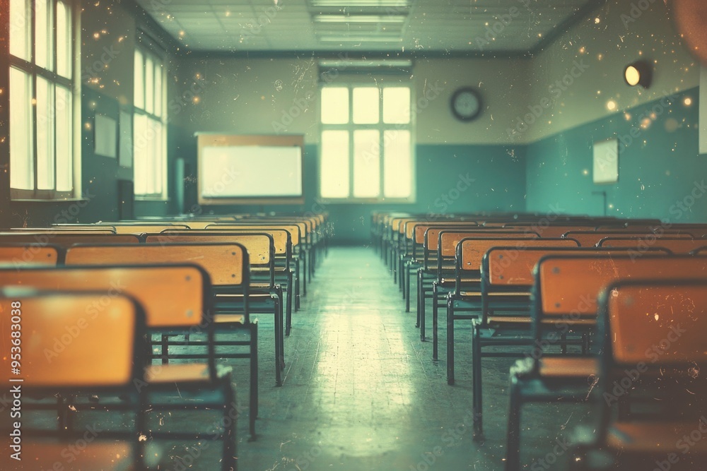 Poster empty classroom with rows of desks and chairs
