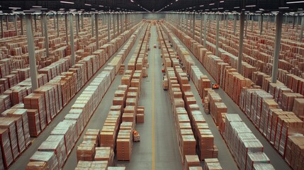 Wide-angle shot of a logistics warehouse showcasing rows of stored inventory. Highlights the scale and organization of goods ready for distribution.