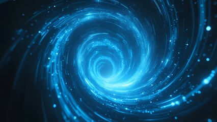 Vortex of Glowing Blue Light Beams Swirling Toward a Core in a Dark Cosmic Environment