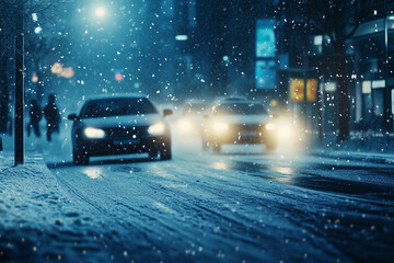 Fototapeta premium City street during heavy snowfall at night with blurred headlights