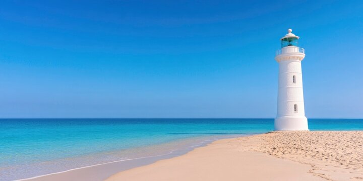 Beautiful sea beach with lighthouse on sunny day with blue sky background