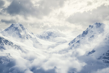 Snowy mountain peaks under cloudy skies with snowflakes