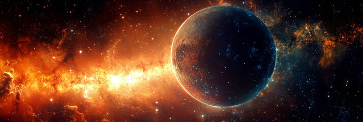 Planet Mercury in retrograde on a blue background with explosion. View of Mercury - planet of the Solar system. Galaxy, stars and planet Mercury. Horizontal banner. Free space for text