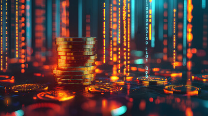 A 3D digital coin stack surrounded by flowing data streams