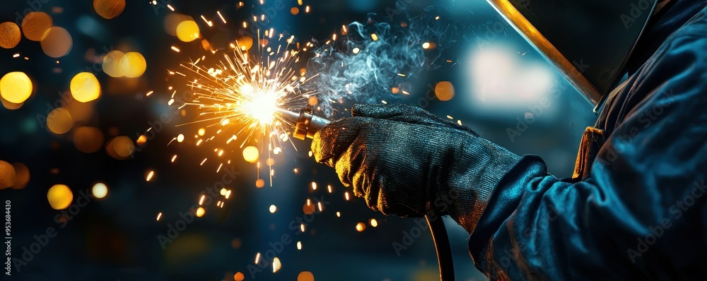Poster a skilled welder working with precision, creating bright sparks and dynamic smoke in a workshop envi