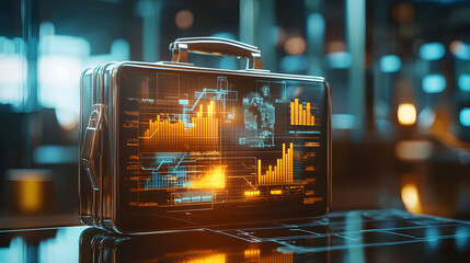 A 3D briefcase with digital charts and graphs emerging from it,