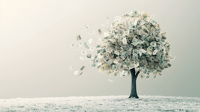A 3D tree with banknotes as leaves falling from the tree.