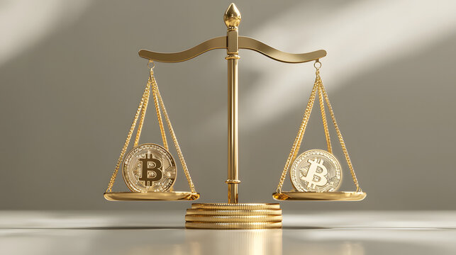 A 3D financial balance scale with digital currency symbols - Powered by Adobe