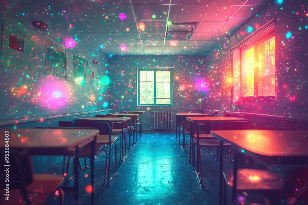Poster empty classroom with sparkling ceiling and window light