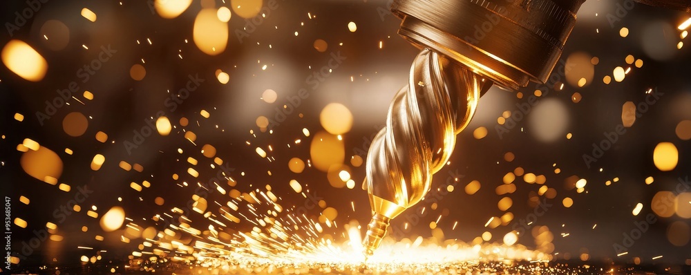 Poster close-up of a drilling tool creating sparks, highlighting precision and craftsmanship in a workshop 