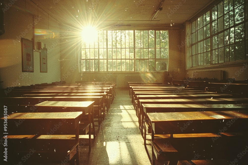 Poster sunlit rows of empty desks in a room with large windows