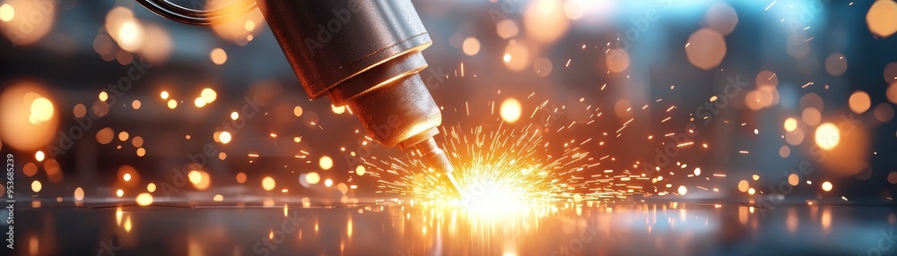 Poster close-up of a welding process, showcasing sparks flying in a workshop with vibrant bokeh background.
