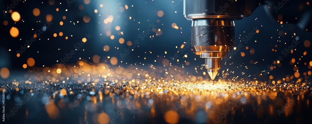 Poster precision cutting tool creating sparks in a workshop, showcasing the art of metalworking and the bea