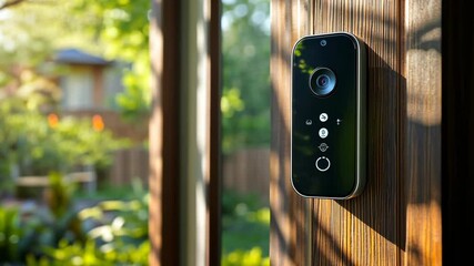 Smart doorbell installation in a serene backyard setting during golden hour