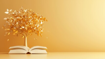 Golden tree emerging from an open book, symbolizing knowledge and growth against a warm yellow background.