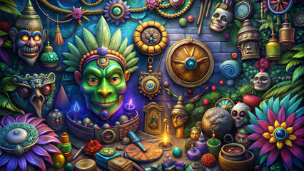 Colorful assortment of mystical artifacts and sculptures in a vibrant, ancient-themed setting