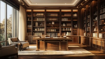 Luxurious Home Office with Large Bookcases and Desk
