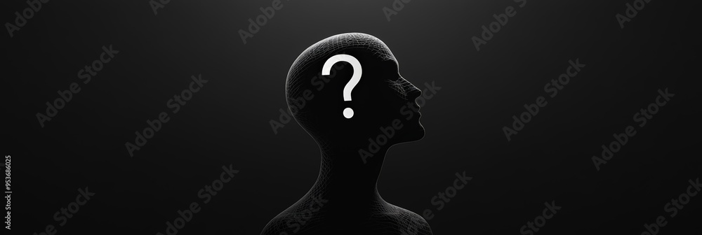 Poster Silhouette of a wireframe head with a question mark on a dark background representing uncertainty and inquiry.