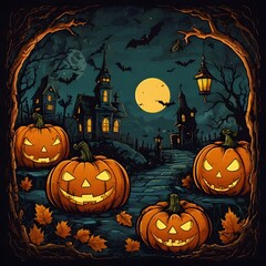 halloween pumpkins, ghost birds, ghost tree, funny faces pumpkins, Autumn holidays. Ai generated image, t shirt design, 