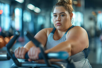 Fototapeta premium Overweight plus size woman exercising at gym, healthy body concept.